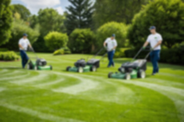 Fototapeta premium blurry image of gardener in uniform cutting and cleaning green grass area with lawn mowing equipment, focusing on care and greening