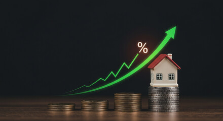 Real estate market investment and rising house prices illustrated with coins and a house