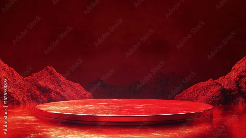 Poster red platform on a red background with red mountains.