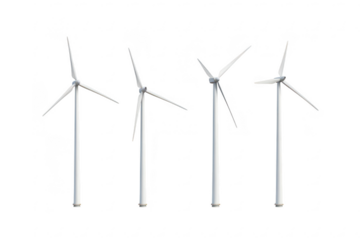 Collection of four wind turbines isolated on transparent background