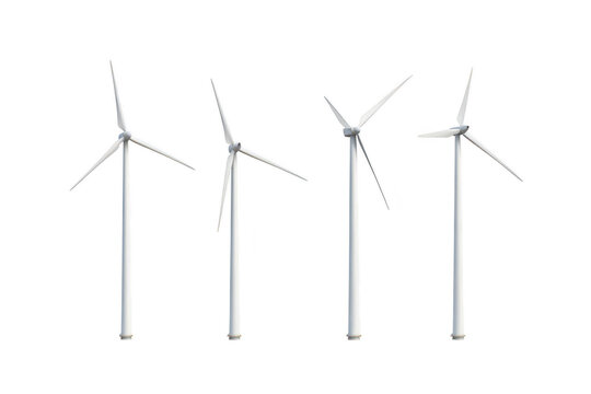Collection of four wind turbines isolated on transparent background