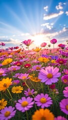 Obraz premium Vibrant Cosmos Flower Field, Sunrise, Colorful Blooms, Nature Photography, Spring Flowers, Stunning View
