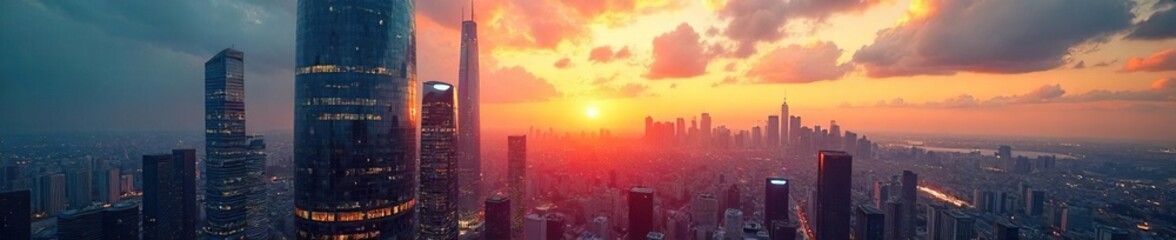 Fototapeta premium Modern glass skyscraper office building reflecting the city skyline at sunset Ideal for corporate, real estate, and architectural projects Stunning urban landscape view , exterior, skyscraper