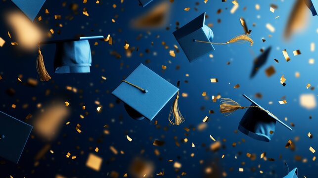Blue graduation caps and gold confetti falling against a dark blue background.