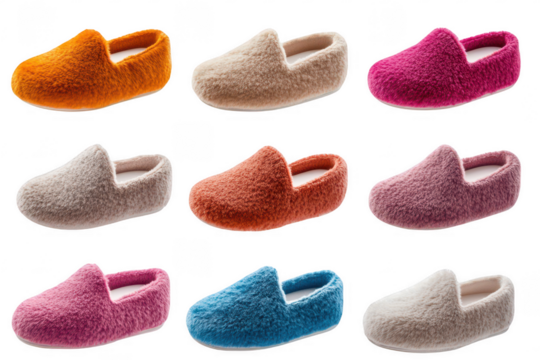 Nine pairs of fuzzy slippers isolated on transparent background