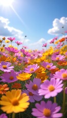 Fototapeta premium Vibrant Cosmos Flowers Blooming in Sunny Meadow, Colorful Floral Field, Nature's Beauty, Spring Flowers, Summer Blooms