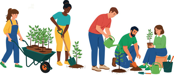 Fototapeta premium Set of people of different ages planting trees, seedings. Environmental care and volunteerism concept, spring gardening. Flat cartoon vector illustration isolated on white