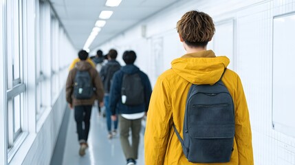People walk in a bright indoor corridor wearing backpacks and casual clothes.