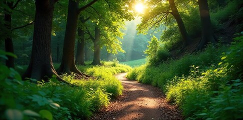 Obraz premium A winding, scenic hiking trail cuts through a lush forest, sunlight dappling the path ahead Discover the beauty of nature on this peaceful woodland escape , sunlight, dappled light