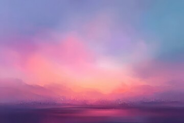 Dreamy, hazy sunset over a distant, low-lying city silhouetted against a vibrant, pink and purple sky