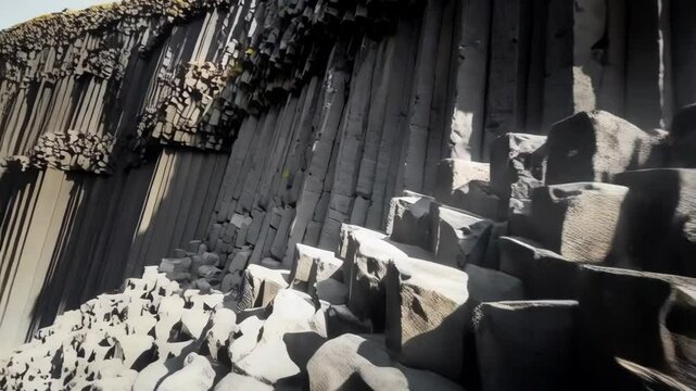 Geological basalt rock formations creating stepped pattern, hexagonal columns stacked in sunlight, landscape of stone pillars, rugged rocky terrain with unique structures.