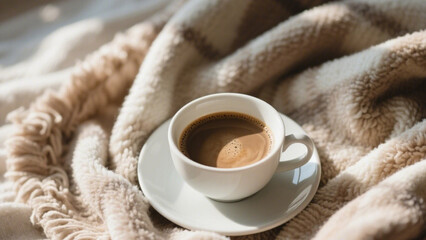 Warm Comfort of a Coffee Moment: A cup of freshly brewed coffee sits atop a cozy, plush blanket, evoking a sense of calm and relaxation in the morning.