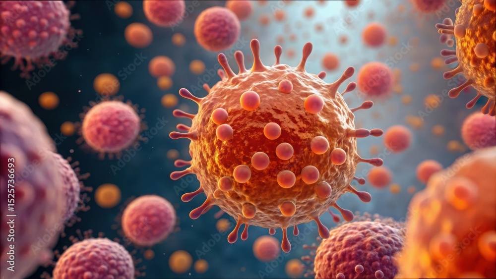 Poster microscopic view of immune response with viral chaos in focus