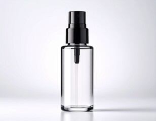 Clear Glass Face Mist Bottle with Black Cap on White Background