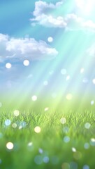 Obraz premium Vibrant Spring Meadow, Sunny Sky, Green Grass, Sparkling Light, Fresh Air, Nature's Beauty, Peaceful Landscape