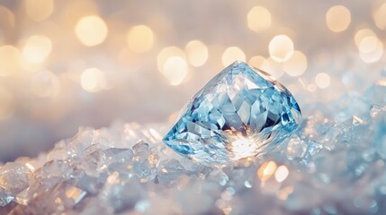 Fototapeta premium Sparkling blue gemstone resting on a bed of smaller crystals, illuminated by soft bokeh lights.