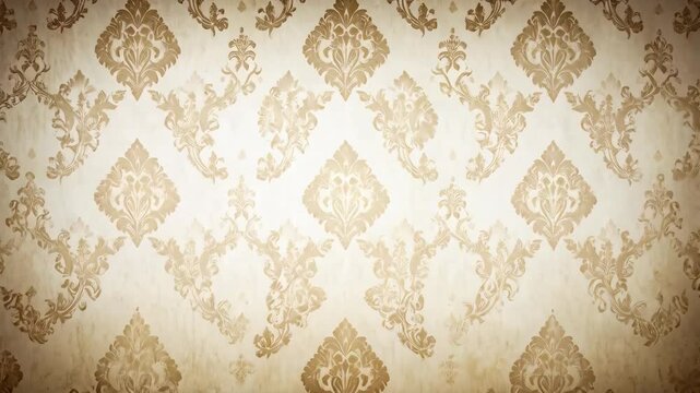 Detailed floral damask pattern in beige and cream with vintage textured background. Elegant, ornate design suitable for wallpapers and backdrops.