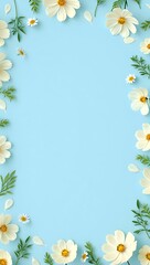 Obraz premium Elegant White Daisies Floral Frame, Pastel Blue Background, Spring Summer Blossoms, Nature Photography, Botanical Design, Wedding Invitation Template, Floral Border, Greeting Card, Delicate Flowers