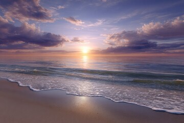 A beach at sunset waves gently lapping at the shore under a cloudy sky