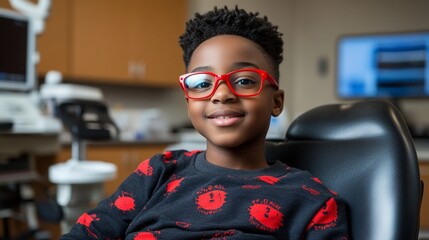 Smiling boy in red glasses sits in a medical chair