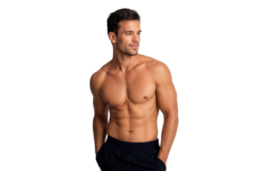 Athletic shirtless gym male model showing muscles body. Concept of fitness, bodybuilding, healthy lifestyle, and sports modeling