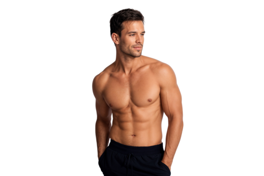 Athletic shirtless gym male model showing muscles body. Concept of fitness, bodybuilding, healthy lifestyle, and sports modeling