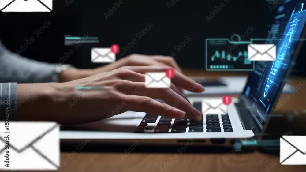Poster hands typing on laptop with digital notifications and email alerts appearing continuously
