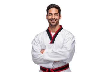 Taekwondo athlete in uniform with black belt smiling and standing with arms crossed. Concept of martial arts, sportsmanship, discipline, and fitness