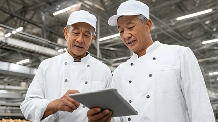 Two men in white uniforms look at a tablet in a factory.