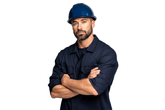 Confident male mechanic wearing blue uniform and safety helmet with arms crossed. Concept of industrial work, construction