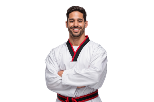 Taekwondo athlete in uniform with black belt smiling and standing with arms crossed. Concept of martial arts, sportsmanship, discipline, and fitness