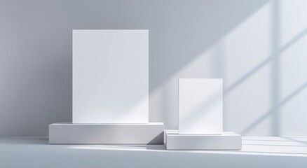 Two blank white cards on light gray podiums, bathed in sunbeams