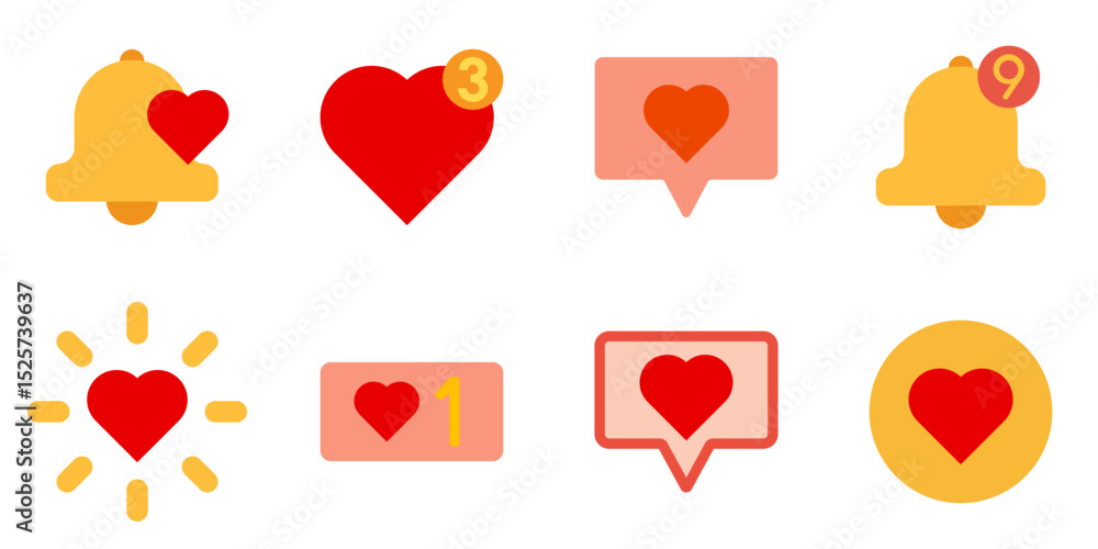 Poster set of red heart symbols paired with notification badges, message boxes, and highlight effects for u