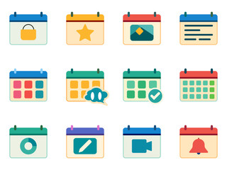 Set of twelve stylized calendar illustrations featuring symbols like stars, chat bubbles, check marks, and notification bells for various planning scenarios
