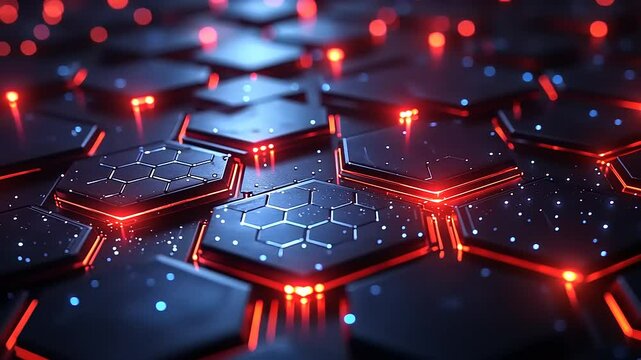 Abstract futuristic hexagonal grid with glowing red and blue light effects and data particle