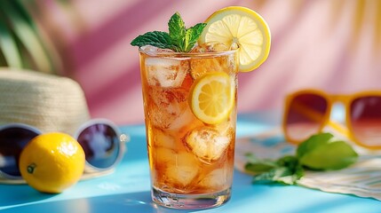 Fototapeta premium Refreshing iced tea with lemon and mint on a vibrant summer day setting