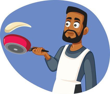 Skilled Man at Cooking Flipping a Pancake Vector Cartoon. Skillful home cook making dessert or breakfast for his family
