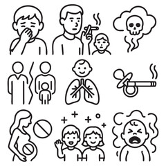 No Smoking Around Children Icons – Outline Vector Set for Tobacco Awareness