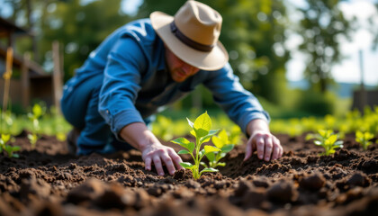 Person in hat is tending to young plants in garden, carefully planting them in rich, dark soil. scene conveys sense of dedication and connection to nature, with greenery in background