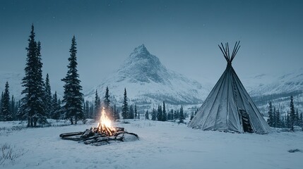 Snowy landscape with a campfire and a tipi under a mountain peak.
