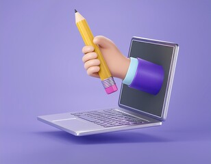 A hand holding a pencil emerges from a laptop screen