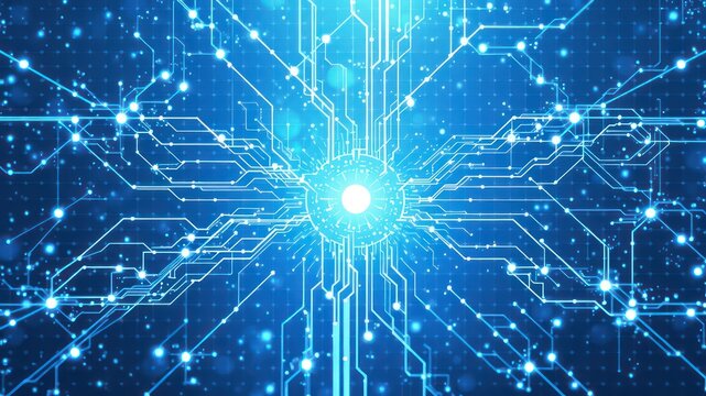 Glowing blue circuit board with interconnected nodes symbolizes technology, connectivity, and complex systems.