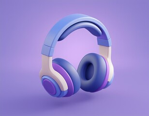 A pair of blue and purple headphones are on a purple background
