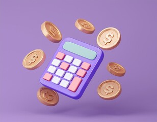 A purple calculator surrounded by gold dollar coins