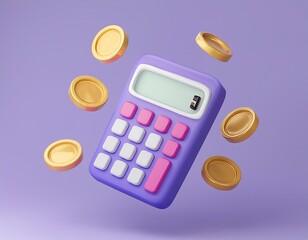 A purple calculator surrounded by golden coins