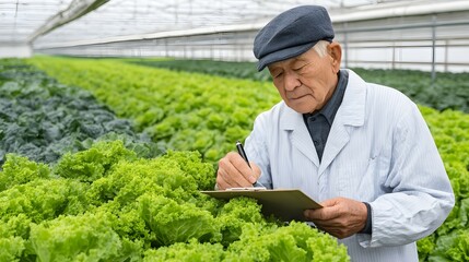 Man in lab coat inspects lettuce in greenhouse writing on clipboard.