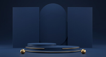 Elegant 3D render of a podium for product presentation in navy blue