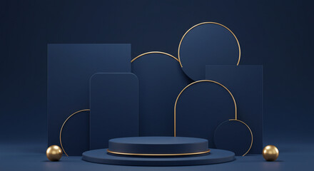 Abstract 3D rendering of product display platform with gold accents and blue background