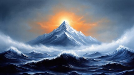 Fototapeta premium Dramatic Mountain Peak Illuminated by Golden Sunlight in a Snowy Landscape