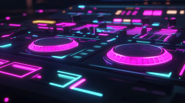 Close-up of a DJ controller with vibrant neon pink and teal accents, showcasing its knobs, faders, and buttons in a dimly lit setting
